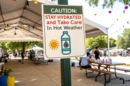 A caution sign reminding people to stay hydrated and take care in hot weather, featuring a sun and a water bottle graphic.