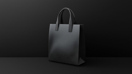 Empty shopping black bag with Handles for branding , on black background. Mockup for design ,