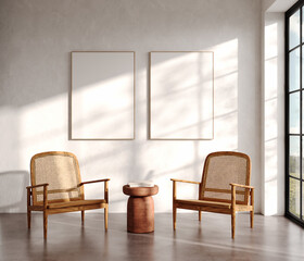 Interior design of a living room in a boho ethnic style with a concrete floor, wooden chairs by the window, picture frames on a plastered wall