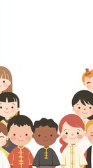 Diverse children in traditional attire, joyful group, celebration, potential use education, children's book illustration