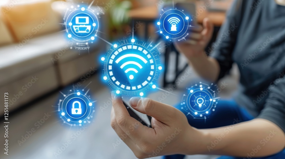 Poster User interacting with smart home controls through digital interface. Futuristic technology features secure automation systems wireless connectivity for efficient and intelligent home management.