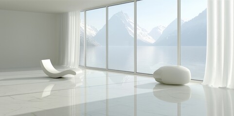 Minimalistic room with futuristic design featuring panoramic windows overlooking snow-capped mountains. Integrates serene natural views with sleek modern architecture for a calming environment...