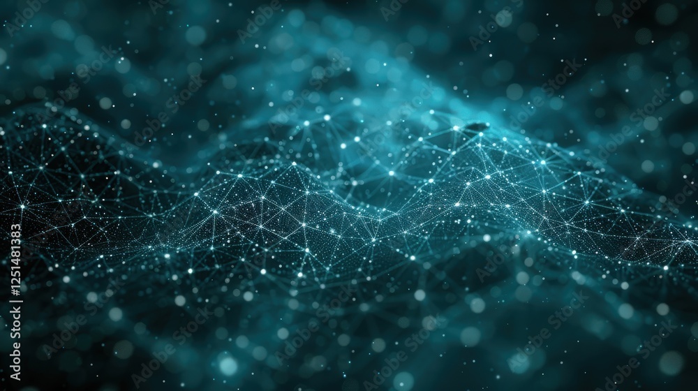 Poster abstract digital network visualization with interconnected dots and lines forming complex patterns o