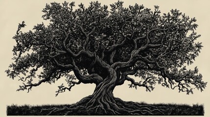Black and white tree silhouette with roots and branches