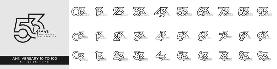 collection anniversary 13 to 93 year, creative number design vector illustration.