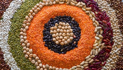 A colorful, high-resolution background featuring a top-down view of an artistic arrangement of lentils, chickpeas, beans, and peas forming a vibrant pattern