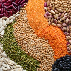 A colorful, high-resolution background featuring a top-down view of an artistic arrangement of lentils, chickpeas, beans, and peas forming a vibrant pattern