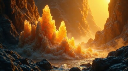 Golden Crystal Formation Emerging from a Misty Gorge at Sunset