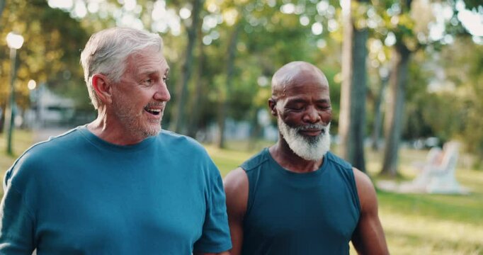 Nature, senior friends and fitness with water for hydration, wellness and talking on exercise walk. Park, men and conversation with h2o bottle for thirst, support and workout outdoor in retirement