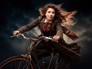Fototapeta premium Vintage clad woman pedaling classic bicycle, stylish hat framing determined face, windswept hair suggesting dynamic journey