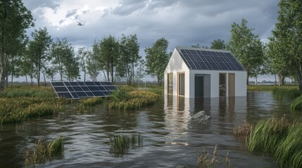 A house is surrounded by water and a solar panel is visible