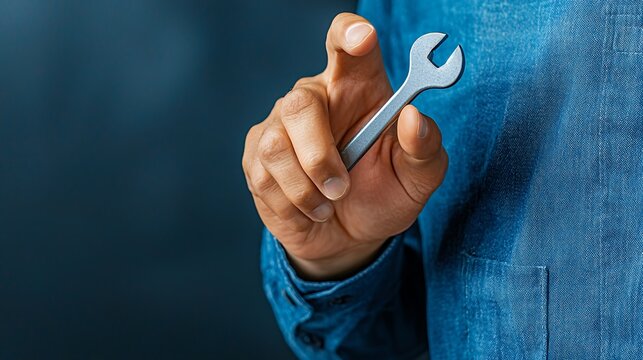 Close up of Hand Holding Silver Wrench Against Dark Blue Denim