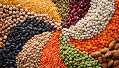 A colorful, high-resolution background featuring a top-down view of an artistic arrangement of lentils, chickpeas, beans, and peas forming a vibrant pattern