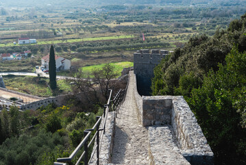 Ston, Croatia. View of the wall of the old Ston fortress in Croatia. Close-up view of the castle's...
