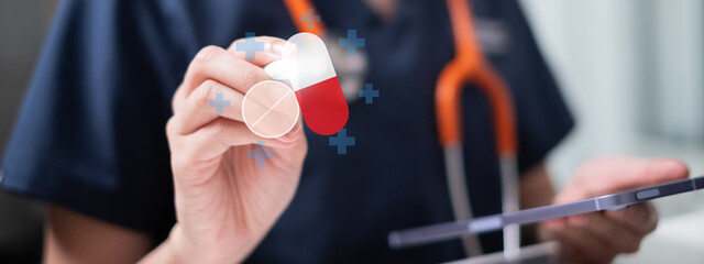 Healthcare worker doctor physician holding pill and capsule medicine prescription concept