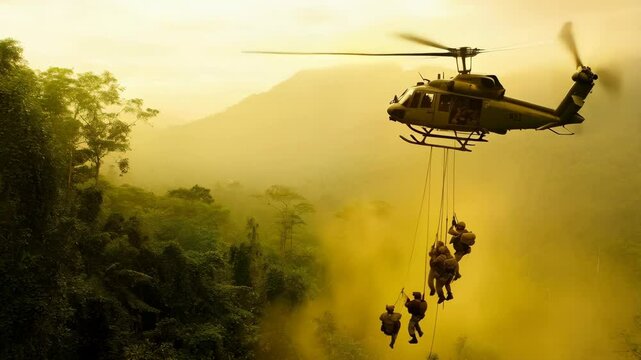 Chinook helicopter conducts daring rescue operation in dense jungle at sunset