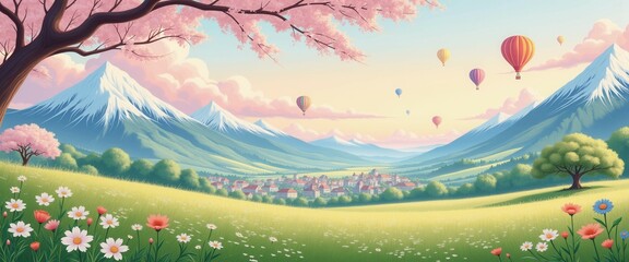 Fototapeta premium A beautiful landscape with a tree in the foreground and mountains in the background. There are many hot air balloons in the sky, creating a sense of freedom and adventure. The scene is peaceful