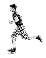 Sketch of casual teenager student boy on healthy jogging outdoors, realistic hand drawn illustratin vector isolated on white