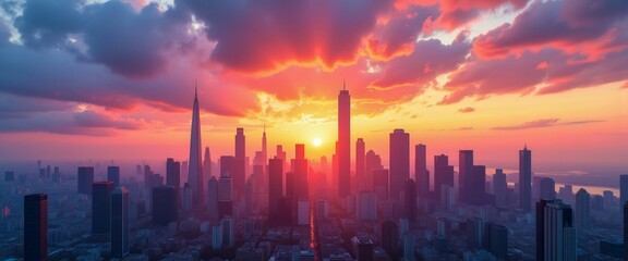 Fototapeta premium A city skyline with a beautiful orange sunset in the background. The sky is filled with clouds, creating a moody atmosphere