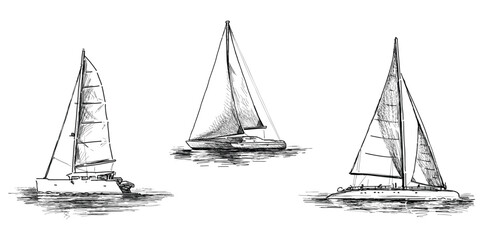 Sketches of three sailing yachts under sails in sea travel, realistic hand drawings, vector illustration isolatd on white