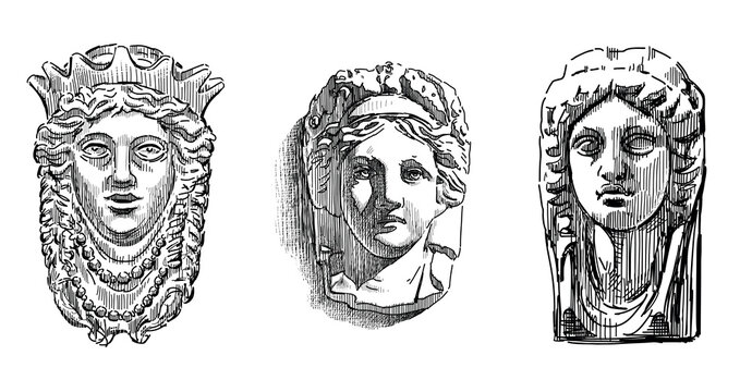 Sketches of three different stone female masks, ancient artistic architectural details, sculpture faces, three female heads, vector hand drawn illustration isolated on white