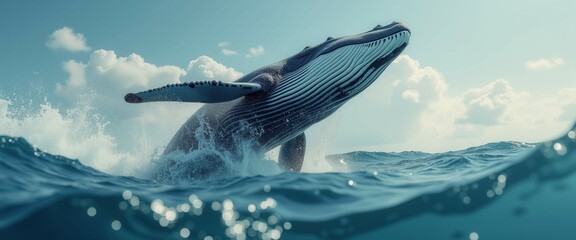 A whale is leaping out of the water, creating a splash. The scene is serene and peaceful, with the whale's movements capturing the viewer's attention