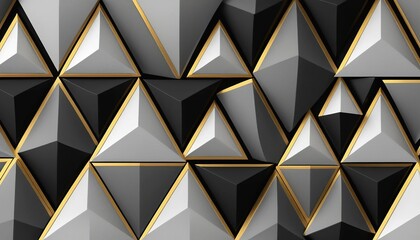 Abstract geometric pattern with 3D triangles in black and gold, modern luxury background with metallic texture, elegant futuristic design for digital art.