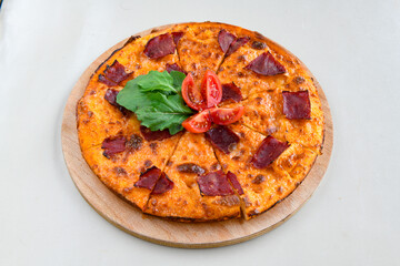 Traditional Turkish cuisine. Pizza, pita, pidesi, sucuk, hummus, kebab. Many dishes on the table. Serving dishes in restaurant. Margherita,  mix, formaggi, veggie karisik pizza. Top view, flat lay