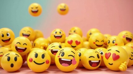 A multitude of cheerful emoticons, expressing various joyful emotions, playfully tumble and accumulate on a soft, pastel surface.
