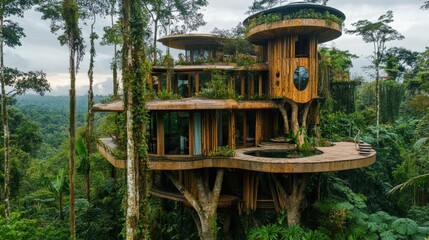 A tree house with a lot of plants and trees surrounding it