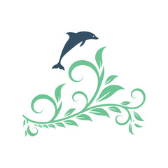 a dolphin leaping through waves formed by flowing leaves