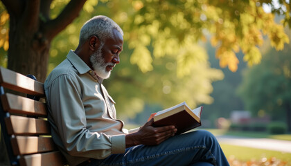 Obraz premium Reading a book in a serene park as autumn leaves dance in the gentle breeze, a moment of tranquility and reflection captured beautifully