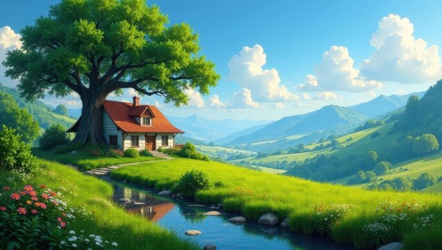 Serene Cottage nestled beside a tranquil stream, under the shade of a majestic tree, overlooking a breathtaking valley of rolling green hills and a vibrant, sunny sky
