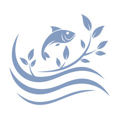 a fish swimming through waves made of green leaves.