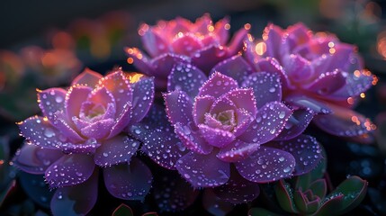 Delicate purple roses covered in morning dew drops glisten with magical sparkle against dark background, creating ethereal garden atmosphere. Perfect for romantic designs.