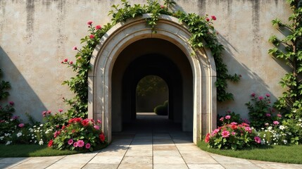 Naklejka premium Serene Archway Entrance to a Tranquil Garden Oasis with Flourishing Blooms