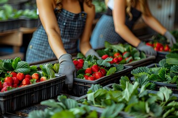 Fresh strawberries being sorted by female farm workers wearing protective gloves and aprons, surrounded by green leaves in plastic crates at organic farm.