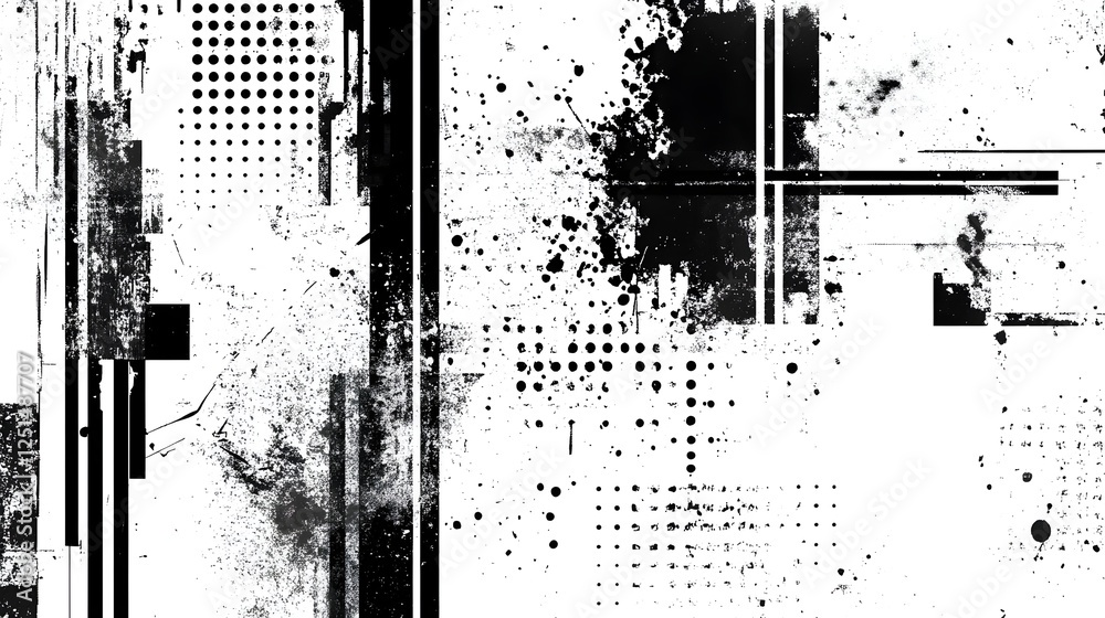 Poster abstract grunge texture with geometric patterns and monochrome splatters evoking dynamic urban aesth