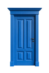 Classic molded framed entry wooden blue door, isolated on white background