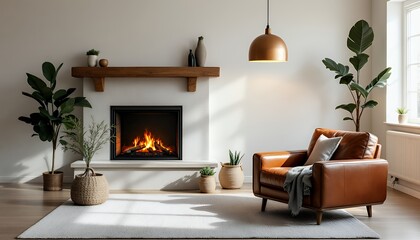 Fototapeta premium Cozy Living Room with Fireplace and Leather Armchair for Relaxation