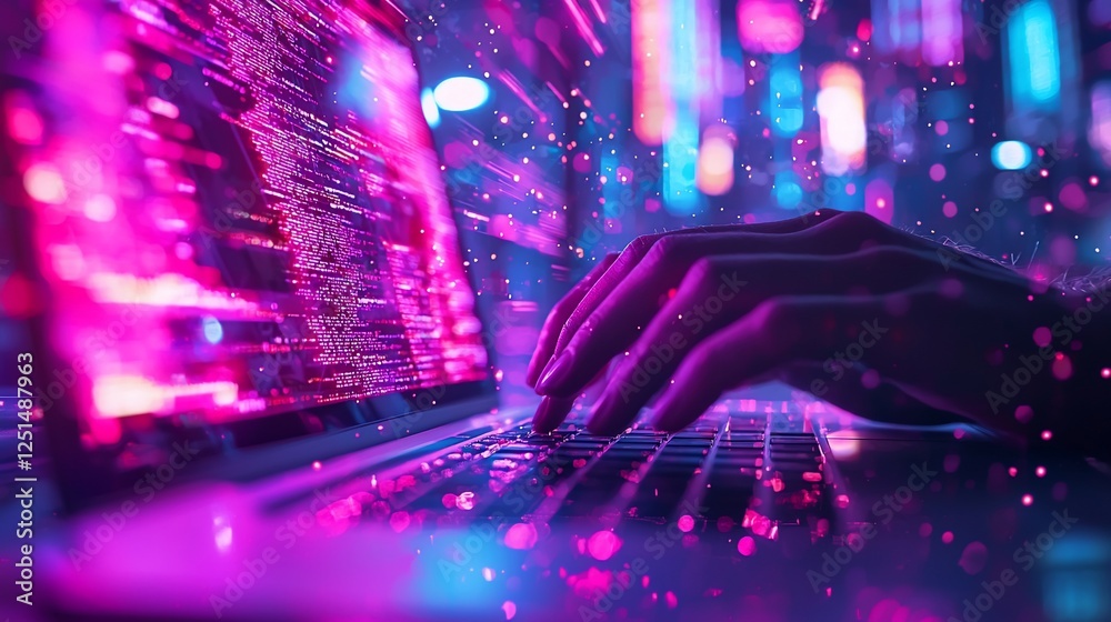 Wall mural night coder typing code, city lights blurred background, website development