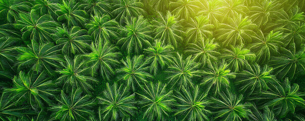 Lush green coconut palm plantation forming perfect grid in tropics