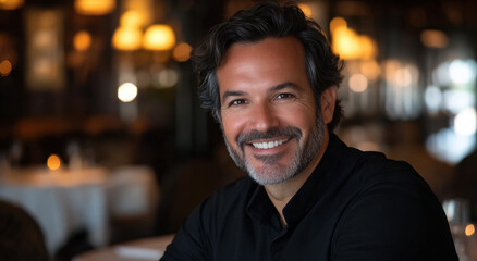 Obraz premium Alex displays a cheerful smile while seated in a warmly lit restaurant, enjoying an evening atmosphere with soft lighting