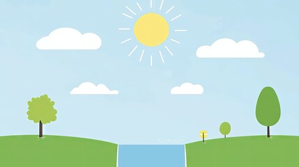 Fototapeta premium Simple landscape with sun and clouds. Peaceful scene. Possible use Background for children's book