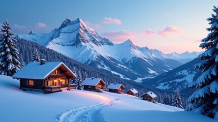 Serene Winter Wonderland Cozy Cabins Nestled Amongst Snow-Covered Mountain Peaks at Sunset