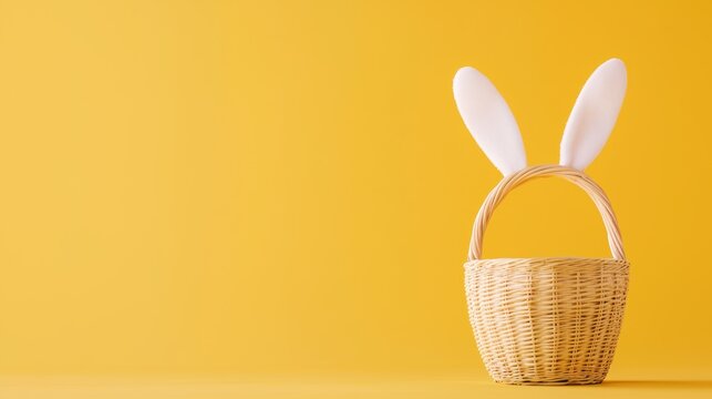 A happy Easter photo with bunny ear headbands and a wicker basket, posed on a soft lemon yellow background for a cheerful glow.
