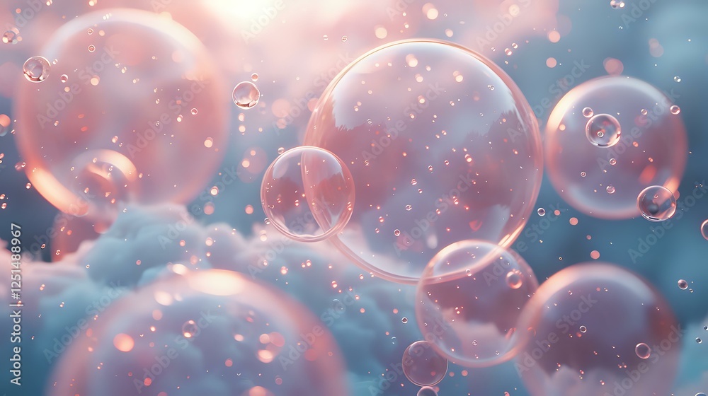 Poster dreamy soap bubbles floating in pink and blue atmosphere with bokeh light effects and sparkles creat