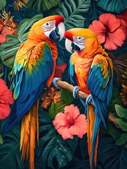 Obraz premium Vibrant Macaw Pair Amidst Lush Tropical Foliage and Hibiscus Blooms in Artistic Rendering