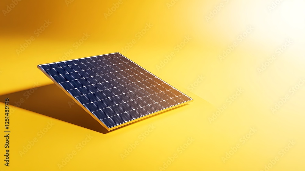 Poster a tilted solar panel casting a long shadow in a dynamic outdoor setting.