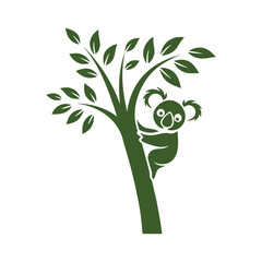 a koala hugging a tree trunk that transitions into a leafy design.